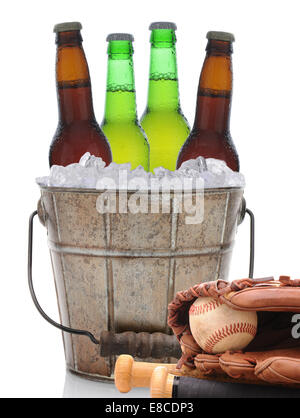 Closeup of an old fashioned beer bucket with three green bottles of cold beer and an American Football. Isolated on white with r Stock Photo