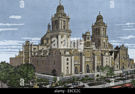Mexico. Mexico city. Cathedral Assumption Mary. Catholicism church. Engraving. Color Stock Photo