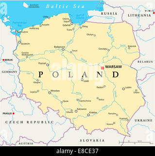 Poland Political Map with capital Warsaw, national borders, most important cities, rivers and lakes. English labeling/scaling. Stock Photo