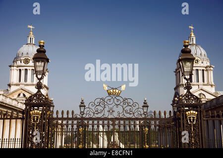 Details of ornate wrought iron gates and old royal naval college, Greenwich, London. Stock Photo