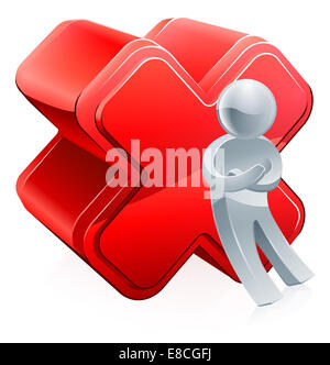 Illustration of a silver person character leaning on a big red cross icon Stock Photo