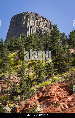 Back side view of devils tower national monument, photo taken early July Stock Photo