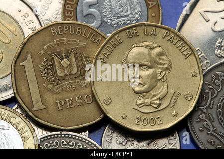 Coins of the Dominican Republic. Dominican national hero Juan Pablo Duarte depicted in the Dominican one peso coin. Stock Photo