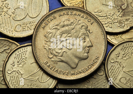 Coins of Greece. Alexander the Great depicted in the old Greek 100 drachma coin. Stock Photo