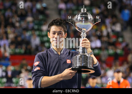 Ariake Coliseum, Tokyo, Japan. 5th Oct, 2014. Kei Nishikori (JPN), OCTOBER 5, 2014 - Tennis : Rakuten Japan Open Tennis Championships 2014, Victory ceremony at Ariake Coliseum, Tokyo, Japan. © Yohei Osada/AFLO SPORT/Alamy Live News Stock Photo