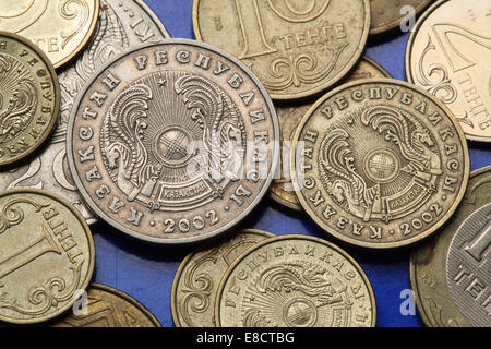 Coins of Kazakhstan. State emblem of Kazakhstan depicted in the Kazakhstani tenge coins. Stock Photo