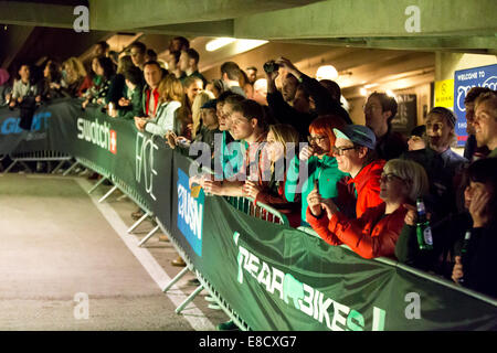 Spectators at Parkour Ride a multi-discipline cycling event held in an abandoned multi-storey car park, Tobacco Dock, London, UK. 4th Oct, 2014 Credit:  Simon Balson/Alamy Live News Stock Photo