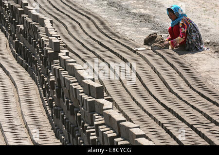 female brickyard worker form clay bricks on a field of the Patoki Brick Kiln near Lahore, Pakistan Stock Photo