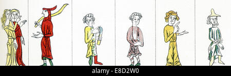 The figures shown here are representative of people in the 12th and 13th centuries. They represent, from left to  right: lady and girl, shepherd, Saxon, northern European man, northern European woman. Stock Photo