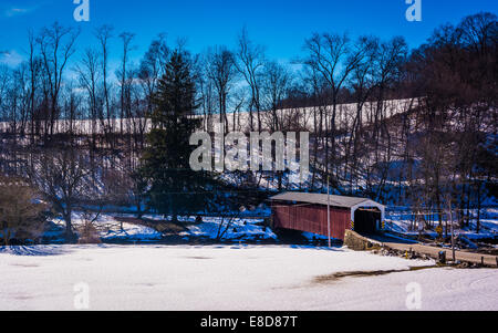 Winter view of White Rock Forge Covered Bridge in Lancaster County, Pennsylvania. Stock Photo