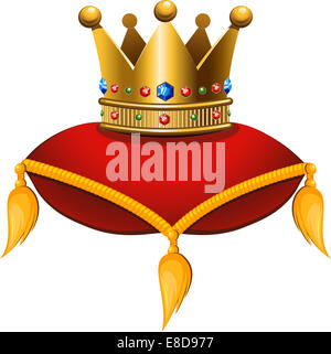 Gold crown on a crimson cushion. Vector illustration on a white background. Stock Photo