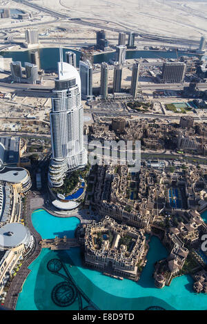 View from the Burj Khalifa on the Dubai Mall, the Fountain Lake and the The Address Downtown Dubai skyscraper, Dubai Stock Photo