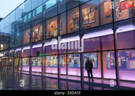 Glass gallery with historical advertising posters, Philips Museum, Eindhoven, North Brabant, Netherlands Stock Photo