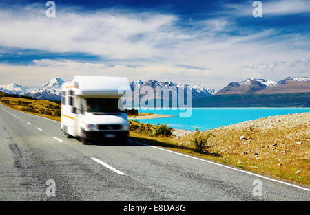 Traveling by motorhome, Mount Cook, New Zealand. Car in motion blur Stock Photo