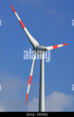 Wind turbine against blue sky, Rhena, Mecklenburg-Vorpommern, Germany Stock Photo