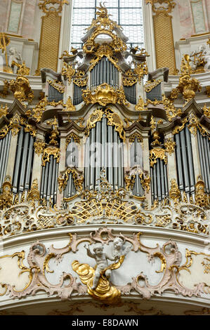 Organ with stucco decoration by Johann Georg Üblher and Franz Xaver Schmuzer, baroque Church of the Assumption of St. Mary Stock Photo