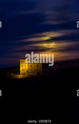 Ruins of Burg Y-burg Castle with a full moon, Kernen im Remstal, Baden-Württemberg, Germany Stock Photo