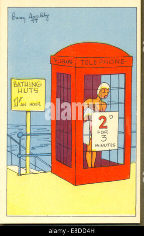 Comic seaside postcard by Barry Appleby on charges at the seaside for telephone  call or bathing hut hire circa 1935 Stock Photo