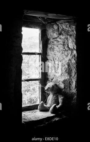 Threadbare One Eyed Teddy bear on an old window ledge. Monochrome Stock Photo