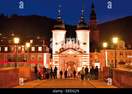 Germany: Nocturnal view of the medieval portal of Heidelberg´s Old Bridge Stock Photo