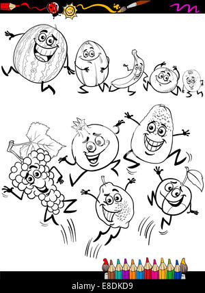 Coloring Book or Page Cartoon Illustration of Black and White Funny Fruits Set for Children Stock Photo