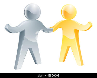 Working together concept, gold and silver man shake hands with their other hands happily raised Stock Photo
