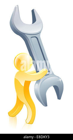 An illustration of a gold mascot man with a giant wrench