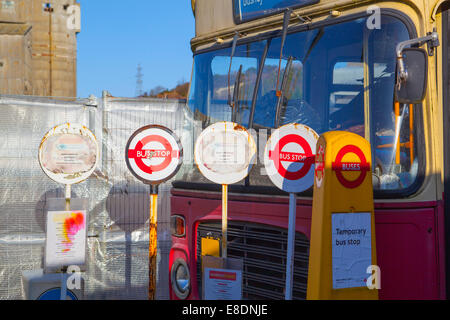 Old temporary Bus stop signs Stock Photo