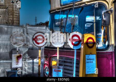 Old temporary Bus stop signs Stock Photo