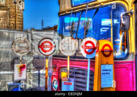 Old temporary Bus stop signs Stock Photo