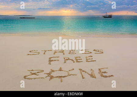 i wrote this message in Nungwi beach in Zanzibar,Tanzania.This is paradice for no Stress! Stock Photo