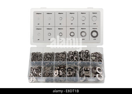 Box of assorted  mixed metal flat and spring washers Stock Photo
