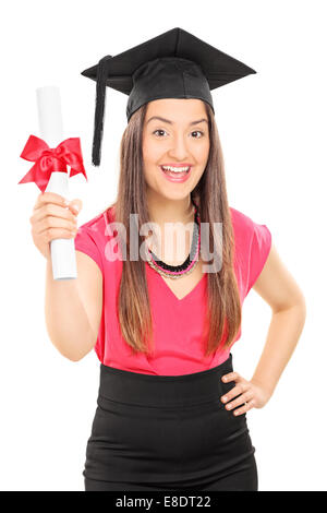 An overjoyed woman holding a diploma isolated on white background Stock Photo