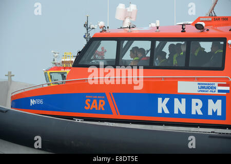 Queen Maxima during the naming of the Nh1816 lifeboat of the KNRM (Koninklijke Nederlandse Redding Maatschappij). The new lifeboat Nh1816 of the Royal Dutch Rescue Organisation is a donation from the charity foundation Nh1816 insurance. KNRM was founded in 1824 and saves more than 3.000 people in the North Sea  Featuring: Queen Maxima Where: Ijmuiden, Netherlands When: 02 Apr 2014 Stock Photo
