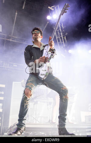 Austin, Texas, USA. 5th Oct, 2014. Musician DAVID MACKLOVITCH (aka DAVE 1) of the electronic dance music band Chromeo performs live at the Austin City Limits music festival in Austin, Texas Credit:  Daniel DeSlover/ZUMA Wire/Alamy Live News Stock Photo