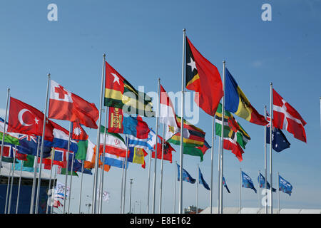 Many Flags blowing in the wind Stock Photo