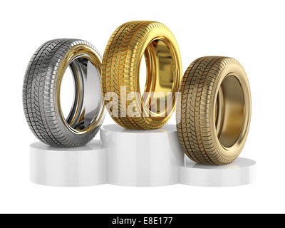 3d render of podium with car tyres. Isolated on white background Stock Photo