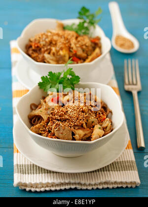 Soba noodles with mushrooms. Recipe available. Stock Photo