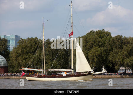 Maybe, a Dutch sailing ketch, taking part in the parade of sail, during the Tall Ships Festival, Greenwich. Stock Photo