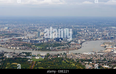 Aerial view of Canary Wharf and east London, showing the classic loop in the river thames,  from over Greenwich, UK Stock Photo