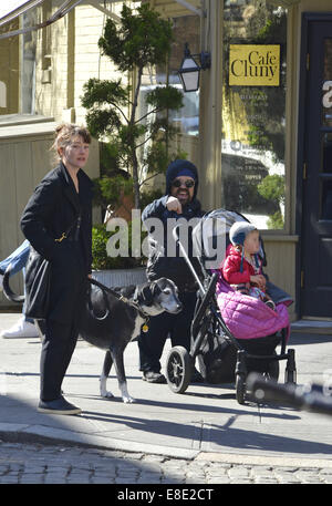 Peter Dinklage and family out and about in Manhattan  Featuring: Peter Dinklage,Erica Schmidt,Zelig Dinklage Where: New York City, New York, United States When: 03 Apr 2014 Stock Photo