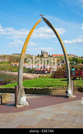 View from whalebone arch across the harbour to Whitby Abbey in summer Whitby North Yorkshire England UK United Kingdom GB Great Britain Stock Photo