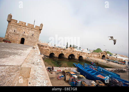 Horizontal angular view of the fortress and quayside in Essaouira. Stock Photo
