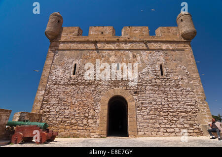 Horizontal close up view of the fortress in Essaouira on a sunny day. Stock Photo