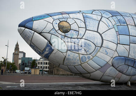 The head of the Big Fish sculpture by John Kindness in Belfast city centre Stock Photo