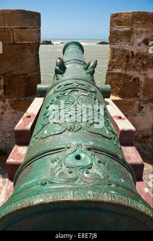 Vertical close up of the engravings on the famous canons in Essaouira Stock Photo