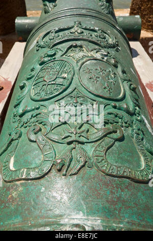 Vertical close up of the engravings on the famous canons in Essaouira Stock Photo