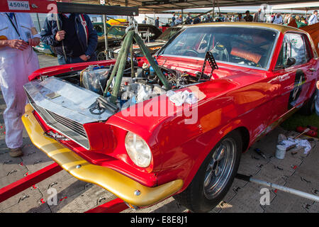 Classic vintage 1965 Ford Mustang engine change at the Goodwood Revival 2014, West Sussex, UK Stock Photo