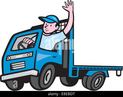 Illustration of a flatbed truck with driver waving hello on isolated white background done in cartoon style. Stock Photo