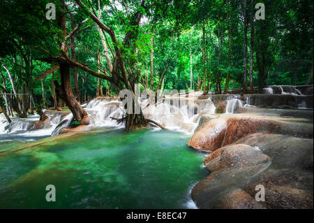 Jangle landscape with amazing turquoise water of Kuang Si cascade waterfall at deep tropical rain forest. Luang Prabang, Laos tr Stock Photo